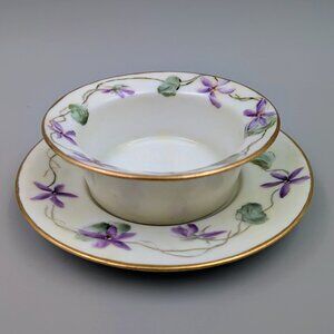 Hand Painted Porcelain Trinket Dish & Underplate: Purple Violets with Gold Trim